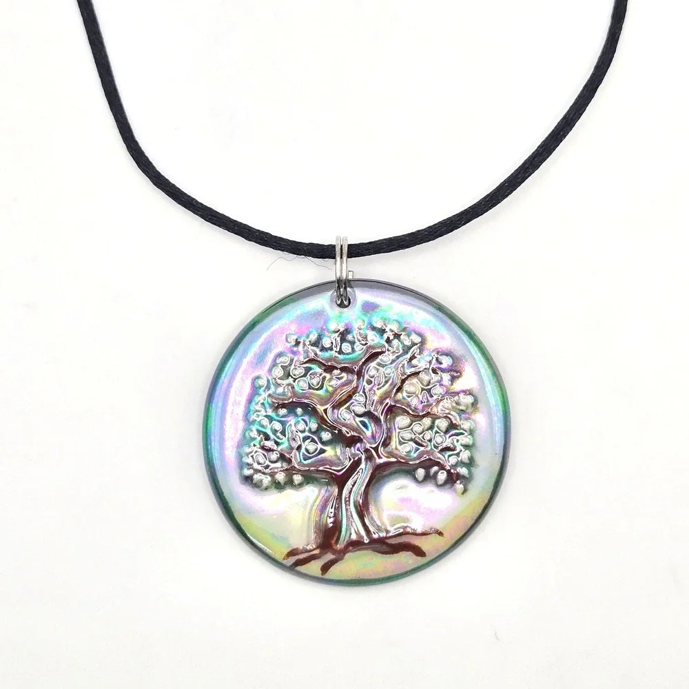 Handmade Ceramic Pendant Necklace Tree of Life Iridescent J.W. Johnson 2023 Cord